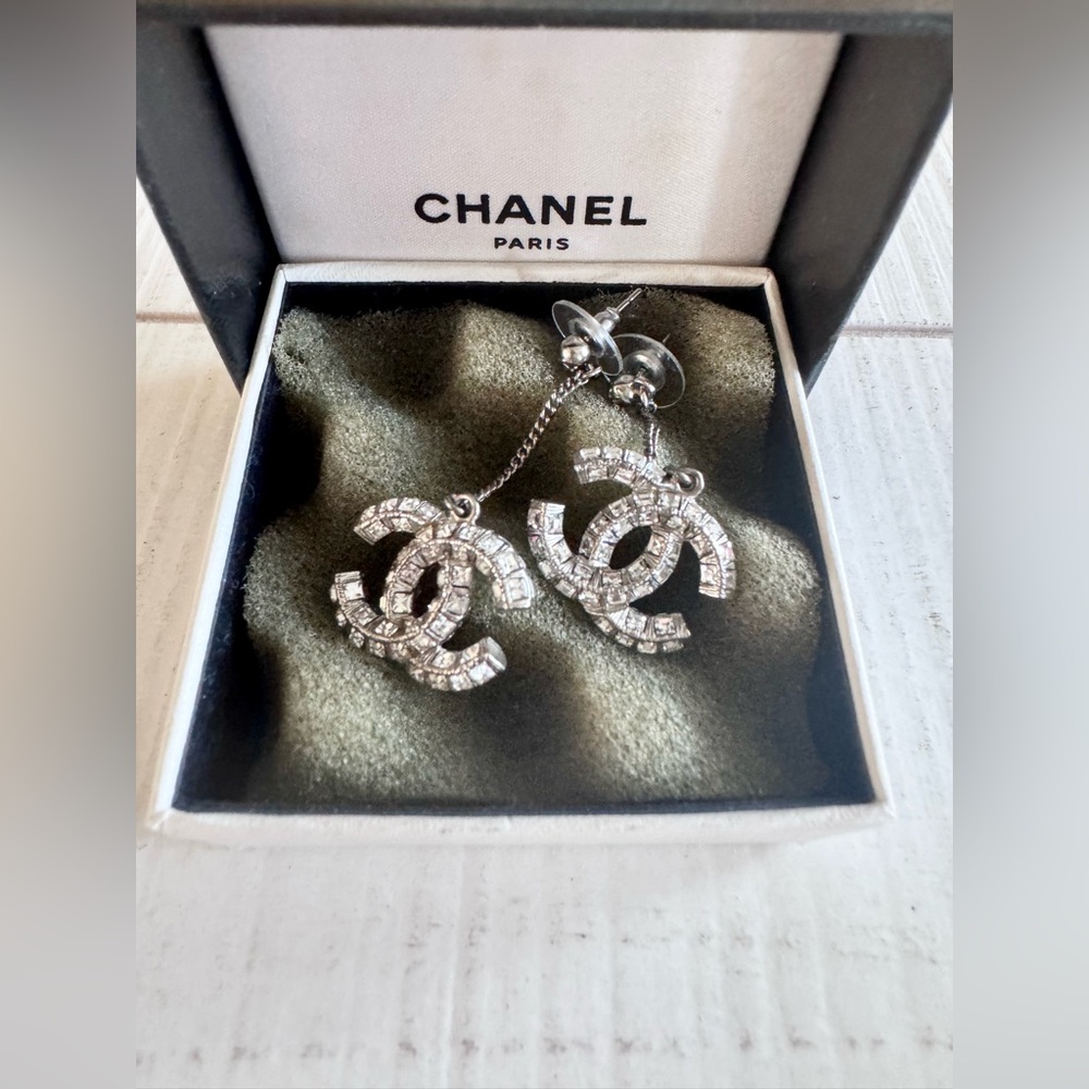 Chanel Silver w Crystals CC Logo Dangle Earrings - Picture 4 of 4